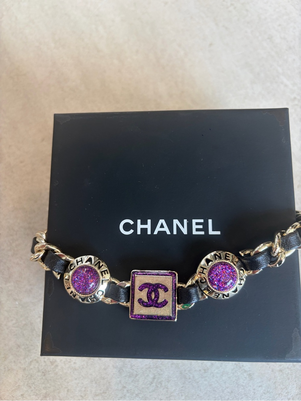 CHANEL Gold-Tone Chain Necklace  with Purple Glitter CC Accents